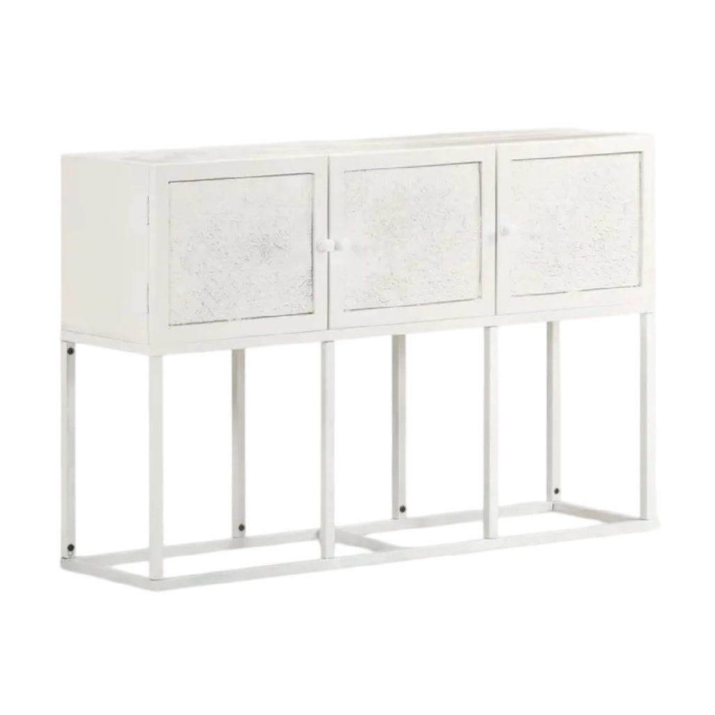**Buffet blanc moderne avec portes en verre et structure métallique**