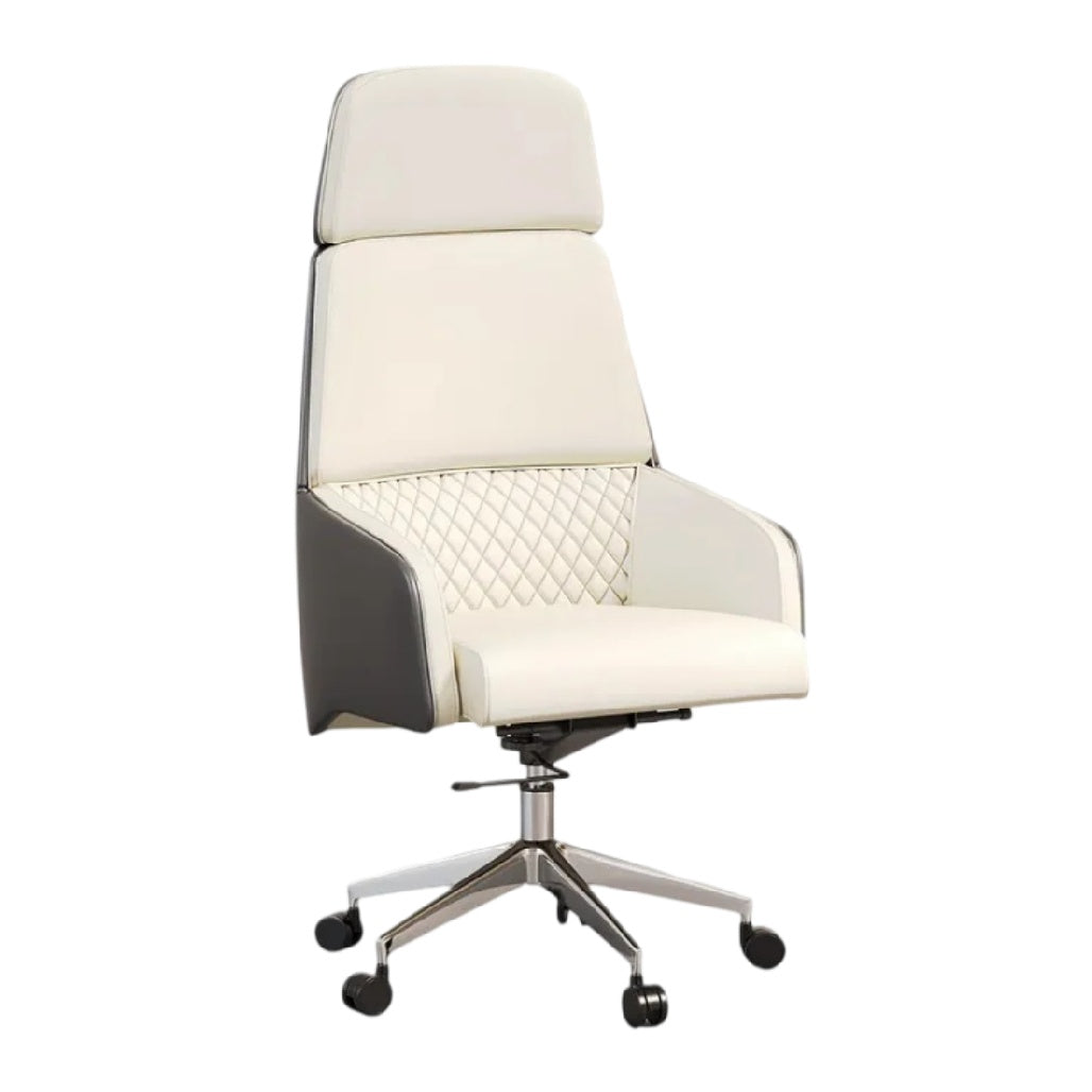 **Fauteuil de bureau ergonomique avec accoudoirs en cuir blanc et base en métal, réglable et pivotant**